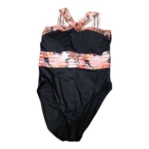 Hilor Floral Black And Pink Women's Swimsuit 10-12 Crossover One Piece